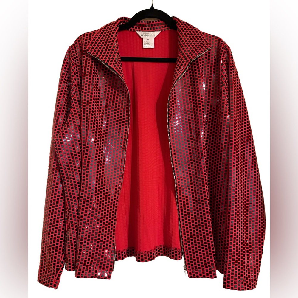 Misook Red Sequined Knit Bomber Jacket